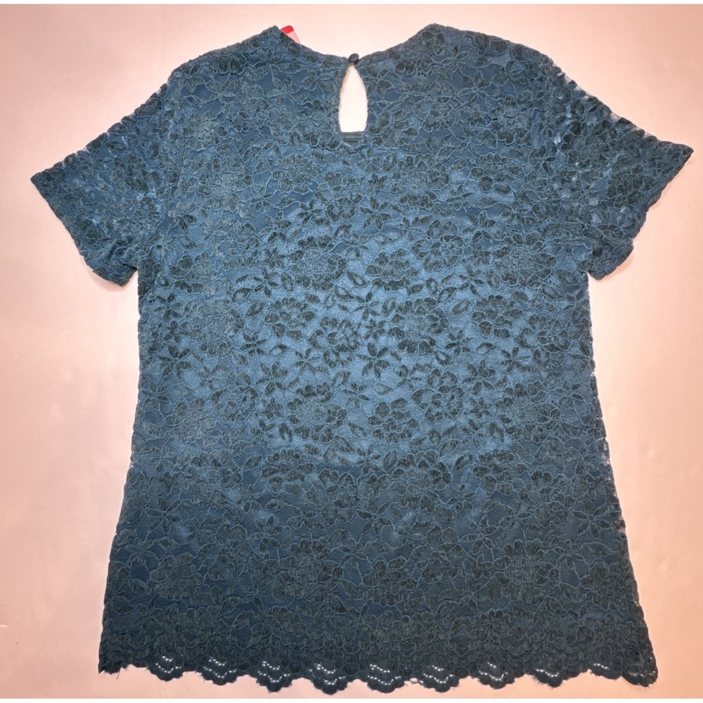 Lace Top Teddi Rose‎ Floral Scalloped Keyhole Short Sleeve Teal Blue Medium - Picture 2 of 7